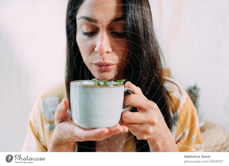 Junge Dame trinkt zu Hause Minztee Frau sich[Akk] entspannen trinken Schlag heiß Minze Getränk Becher Tee genießen Morgen frisch lecker warm Komfort lässig