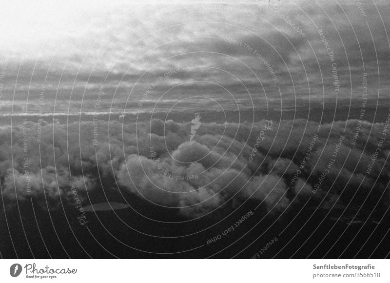 Himmel aus dem Flugzeug Wolken Schwarzweißfoto analog Kontrast wolkig Spiegelung fliegen