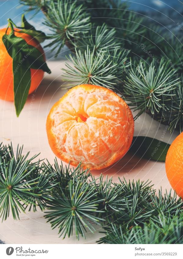 Frische Mandarinen auf weißem, rustikalem Brett Winter Weihnachten Hintergrund neu Jahr Ast Symbol Koch Bestandteil grün Baum Tanne Fichte hölzern Holzplatte