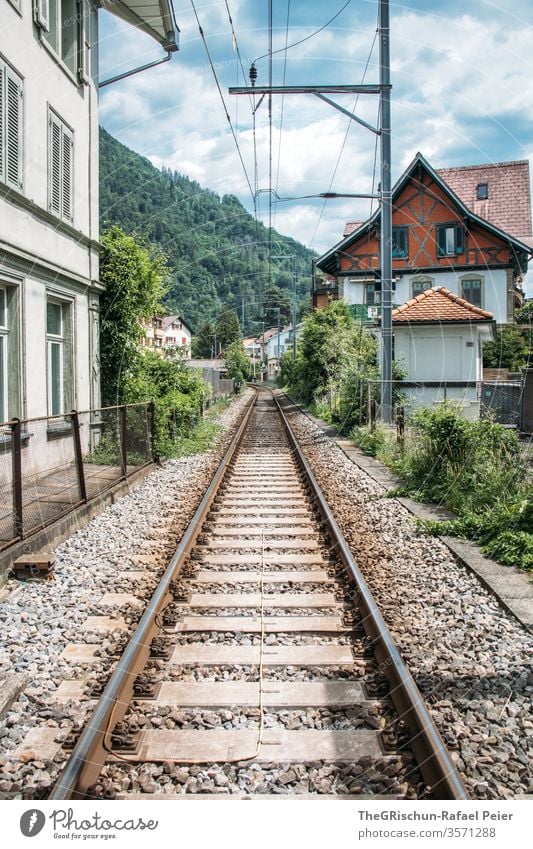 Blick auf ein Haus und Zugschienen Interlaken Schweiz Tourismus Baum Außenaufnahme Farbfoto Menschenleer Tag Ausflug Sommer Tourismusregion Gleise Schiene