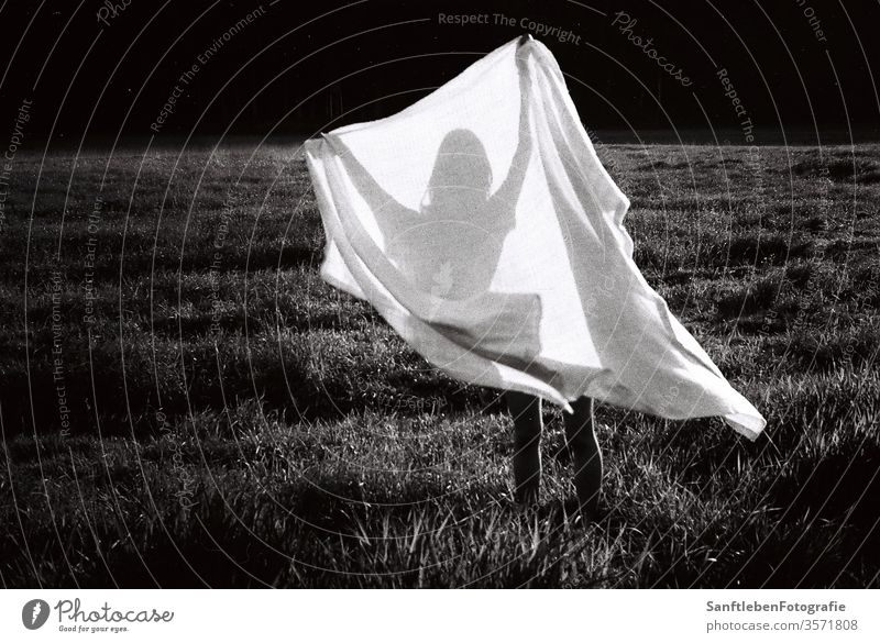 Weisses Tuch mit Schatten Picknick Decke schwarz auf weiß Shilouette Außenaufnahme Erholung Sommer Gras Freizeit & Hobby Mensch Frau schön Freude