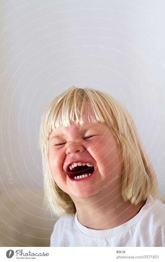 Lachbombe explodiert Kind Kleinkind Mädchen lachen Lachkrampf lustig Fröhlichkeit Freude Porträt Glück niedlich Kindheit blond witzig spass Spaßvogel spaßig