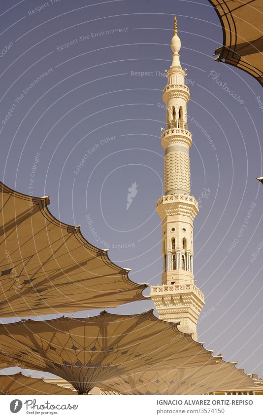 Minarett der Medina-Moschee und Sonnenschirme Fernweh Wunder menschliche Ikone schlank harmonische Schönheit islamische Kunst Kulturstadt heiliger Ort Feiertag
