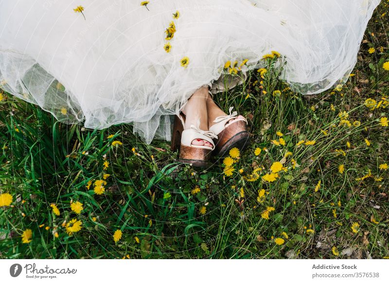 Getreidebraut auf der Wiese mit Löwenzahn Braut Jungvermählter Hochzeitstag Blume Brautkleid Damenschuhe Blütezeit Frau Feld sich[Akk] entspannen Rasen