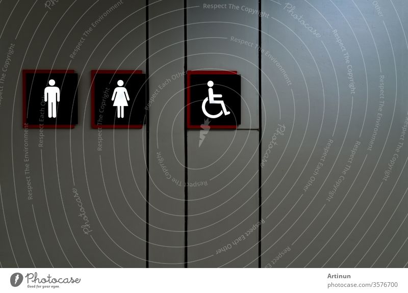 Schild einer öffentlichen Toilette. Toilettensymbol für Frauen, Männer und Behinderte. Universelle Ikone für öffentliche Toiletten. Problem der Harninkontinenz. Symbol für männlichen, weiblichen und behindertengerechten Zugang. Latrine oder WC. Waschraum-Symbol.