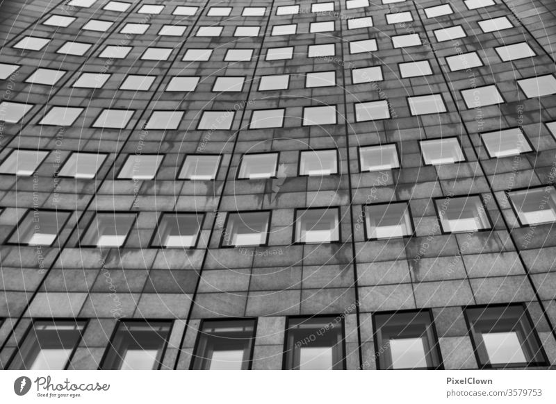 Hochhausfront mit vielen Fenstern Architektur Stadt Skyline Gebäude Bauwerk hoch Menschenleer schwarz weiß Fassade grau
