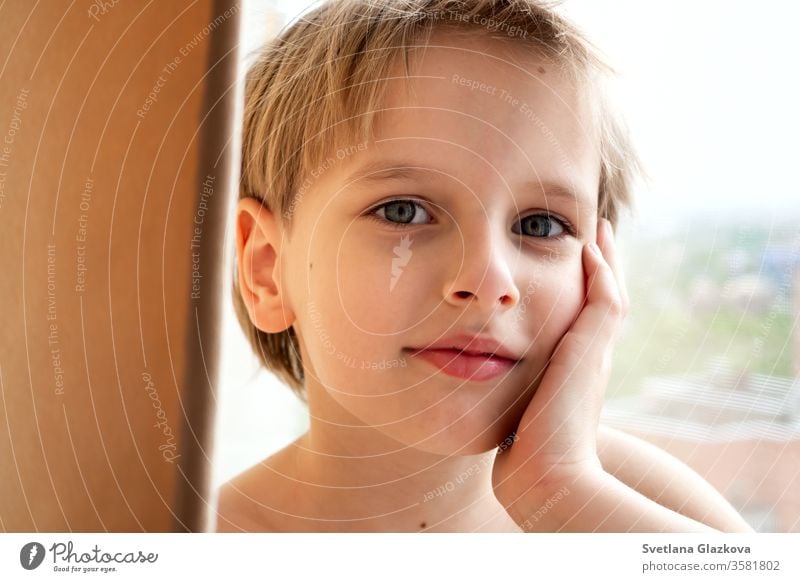 Porträt eines jungen, kaukasischen, süßen Jungen mit blonden Haaren im Haus in der Nähe des Fensters. Ruhige Emotion Kind Gesicht niedlich weiß Person Kindheit