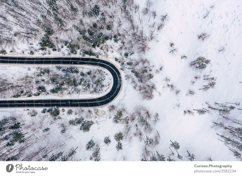 Kurvige Windige Straße Im Schneebedeckten Wald, Luftbild Von Oben