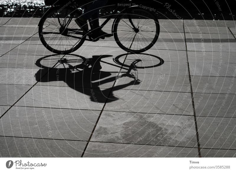 Schattenbild von Fahrradfahrer an der Spree Schwarz-weiß Schwarz-weiß-Fotografie Fahrradtour Licht und Schatten Radtour Fahrradfahren Freizeit & Hobby