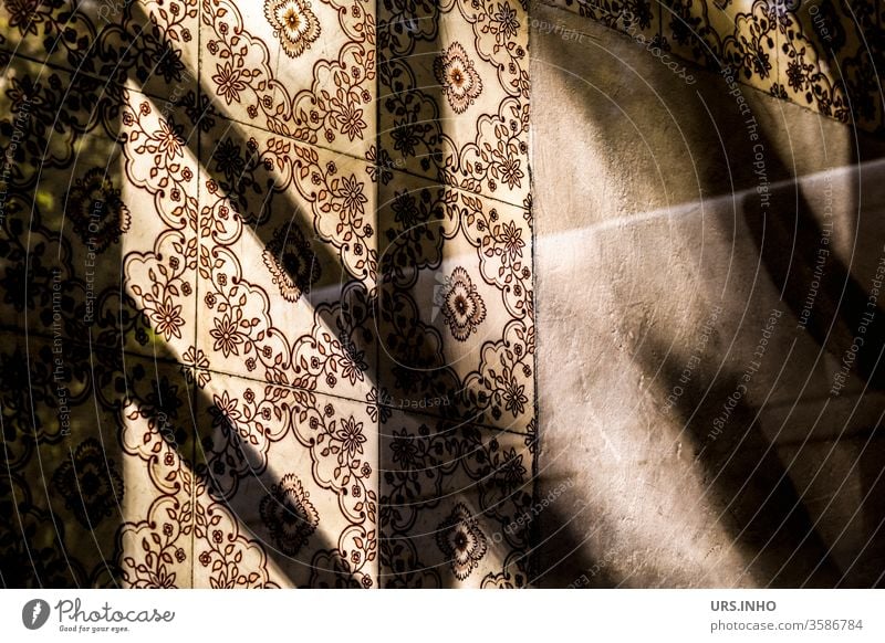 Schatten an der alten Fliesenwand Muster Kacheln Fliesen u. Kacheln Wand Linien Strukturen & Formen abstrakt Farbfoto braun beige Licht Licht & Schatten