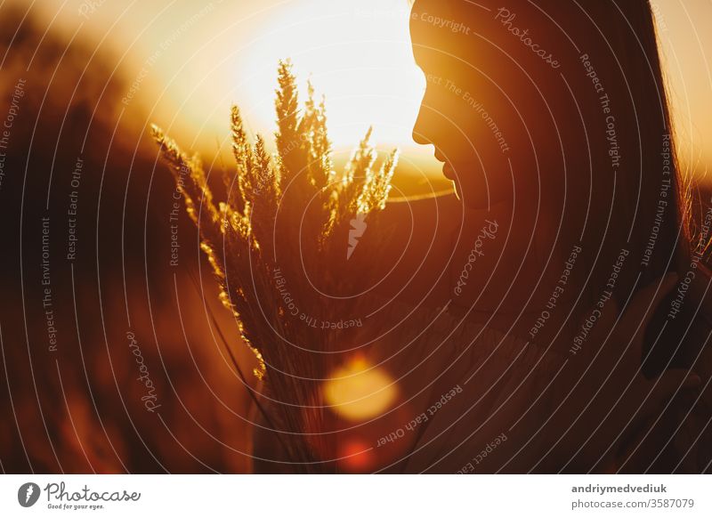 Junge Frau Mädchen im Feld bei Sonnenuntergang im Frühling, Sommerlandschaft im Hintergrund Frühling Sommerzeit. Schöne lächelnde Frau auf einem Feld bei Sonnenuntergang. selektiver Fokus
