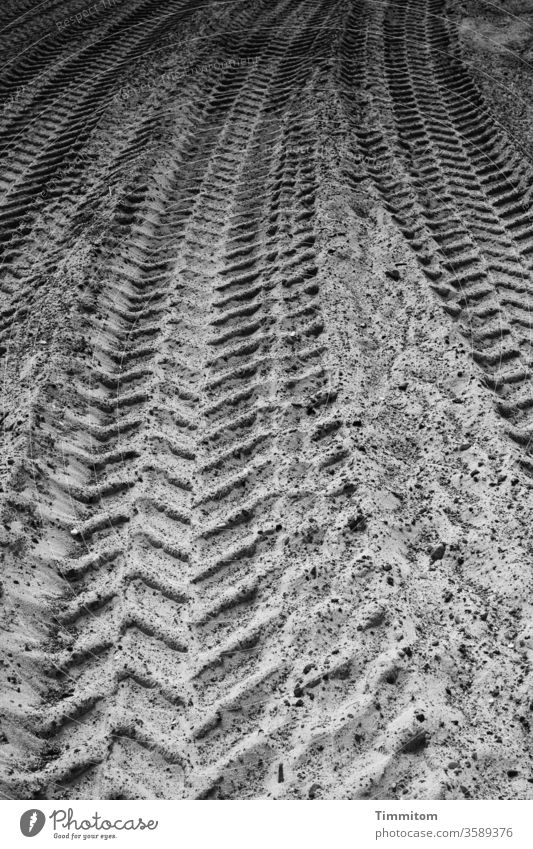 Druckerzeugnis | Deine Spuren im Sand... Strand Reifen Fahrzeug Reifenspuren Nordsee Menschenleer Schwarzweißfoto