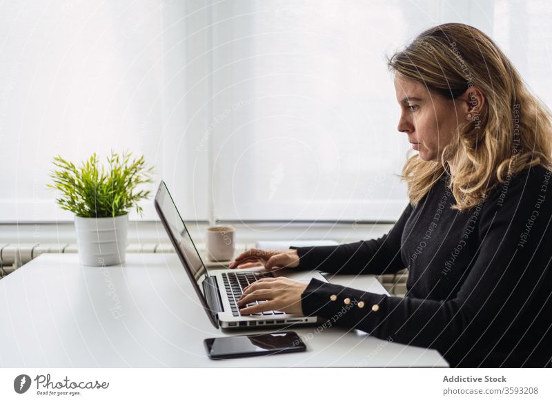 Junge Frau, die zu Hause mit dem Laptop arbeitet Arbeit heimwärts online abgelegen Tisch lässig beschäftigt jung Arbeitsplatz freiberuflich Gerät Apparatur