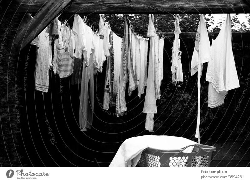 Pergola mit Wäscheleine und Korb Haushalt Wäsche waschen Sauberkeit trocknen Haushaltsführung Waschtag aufhängen Häusliches Leben Bekleidung Alltagsfotografie