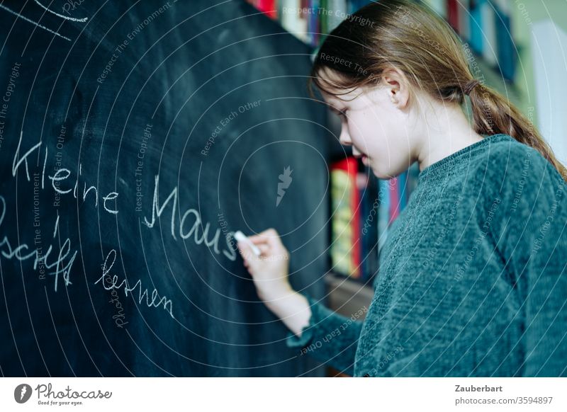 Homeschooling II - Mädchen schreibt mit Kreide auf eine Tafel einen Übungssatz für Schreibschrift, im Hintergrund Bücherregal Schule Schülerin Grundschule Regal