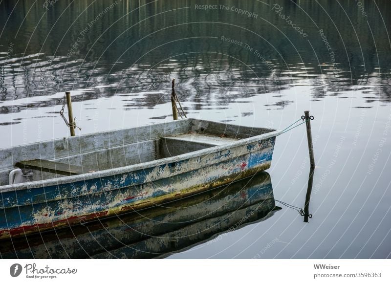 Angebundenes leeres altes Boot Leine nostalgisch See Fluss Ufer Wasser Außenaufnahme ruhig Melancholie Blautöne Spiegelung Reflexion & Spiegelung verwittert