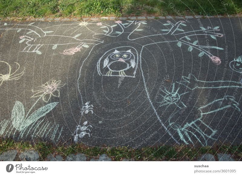 ein mit kreide gemaltes kindliches bild auf einem gehweg Asphalt Gekritzel naiv naive Malerei Grasfläche Wegesrand Menschenleer Kind Kinderspiel Strassenmalerei