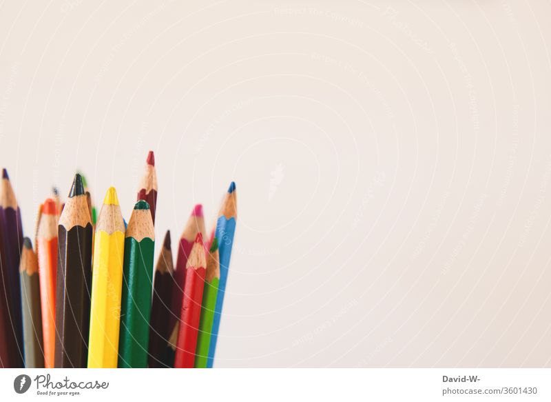 Buntstifte vor weißem Hintergrund Stifte farben farbenfroh malen kreativ Kreativität Blatt Zettel Textfreiraum Papier zeichnen Farbfoto Kunst Innenaufnahme