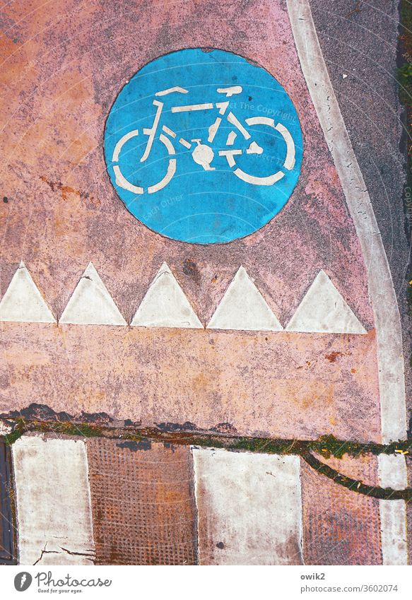 Es radelt Piktogramm Fahrrad Zacken Farbstoff Fahrbahnmarkierung Riss richtungweisend Richtung deutlich Signal Farbfoto Außenaufnahme Nahaufnahme Totale