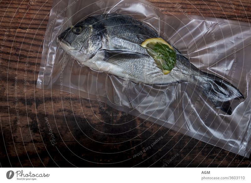 Dorade vakuumiert für sous vide Lebensmittel luftdicht Tasche sauberes Essen Essen zubereiten Kopierbereich Diät Dorado Fisch flache Verlegung frisch