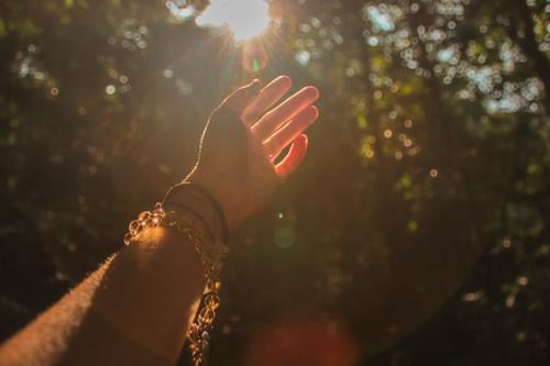 Die Hände strecken sich nach dem Licht aus, das aus dem Wald kommt, um das Konzept der Unterstützung der psychischen Gesundheit, der Heilung in der Natur und der Fitness während der Covid-19-Pandemie zu zeigen