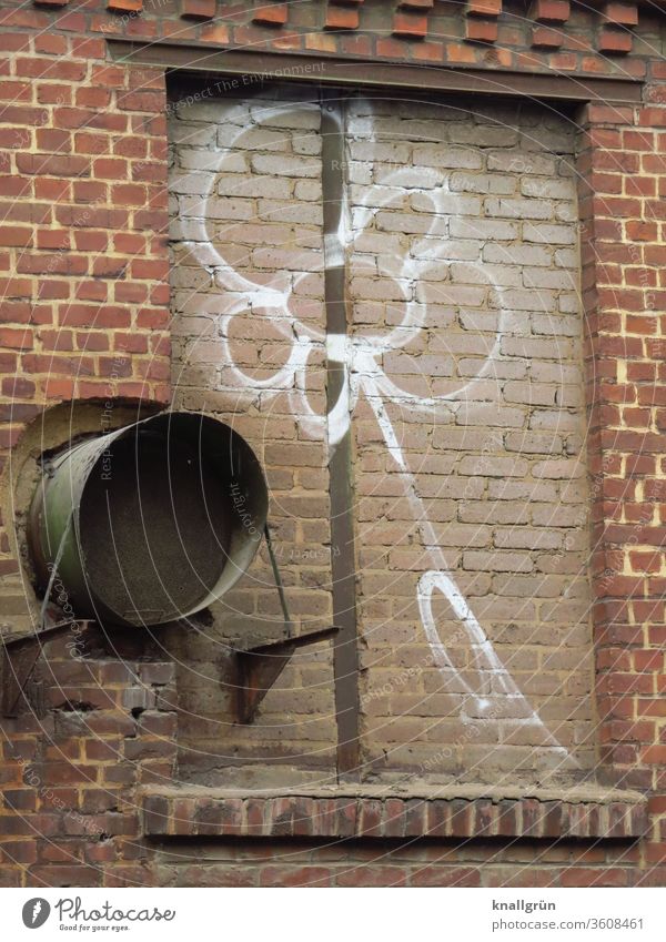 Weißes Blumen Graffiti auf einem zugemauerten Fenster Mauer Wand Kunst Straßenkunst Jugendkultur Ziegelsteine ziegelrot Farbfoto Außenaufnahme Tag Menschenleer