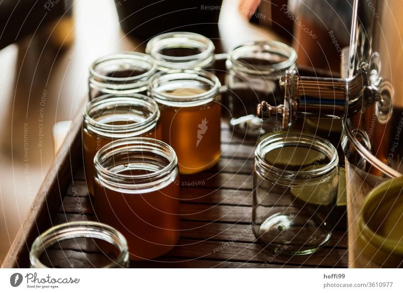 ein Glas Honig wird abgefüllt Imkerei imkern Honigproduktion ökologischer landbau Honigbiene Lebensmittel Gesundheit Sommer Bienenkorb Bienenstock Natur