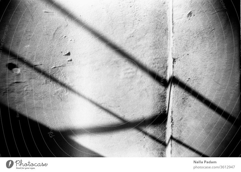 Tja, Schatten auf ´ner Wand Schwarzweißfoto analog Analogfoto Linie Diagonale menschenleer Licht Mauer Kontrast Außenaufnahme Tag mystisch Vignette Bruch