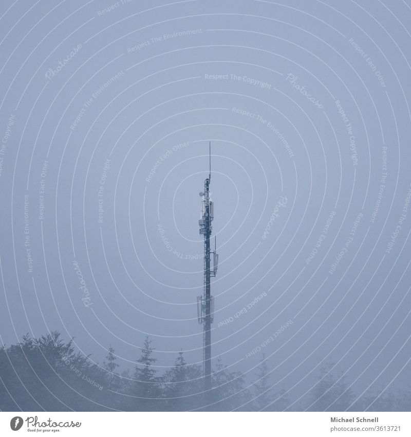 Sendemast bei nebeligem Wetter Außenaufnahme Menschenleer Farbfoto Himmel Textfreiraum oben Tag Antenne Telekommunikation Technik & Technologie