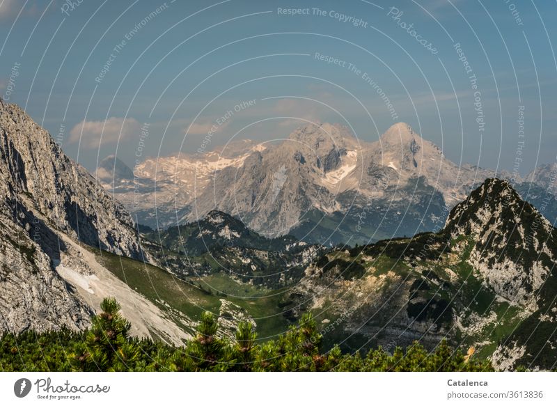 Alpine Landschaft Berge und Gebirge Umwelt Natur Latschen felsen Gipfel Alpen Himmel Horizont Wolken Sommer Schneefelder Pflanze Blau Grün Grau schönes Wetter