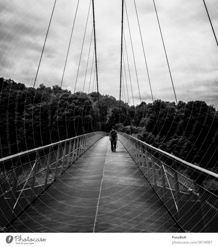 Ein Wanderer überquert eine Hängebrücke, die ihn in einen dunklen Wald führt. Brücke Brückenkonstruktion Rursee Eifel Tourismus Tourist wandern Architektur
