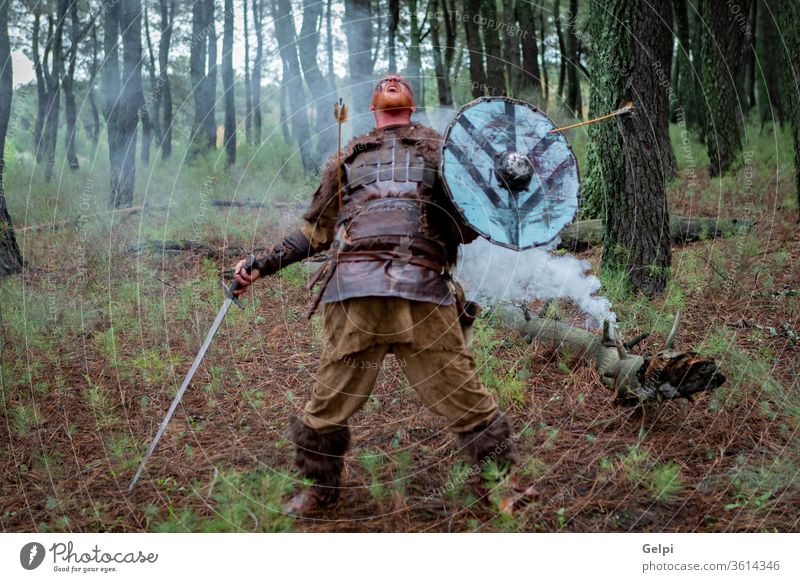 Blutiger echter Wikinger mit seiner Schwertausbildung für den Kampf Krieger skandinavisch antik Aggression Porträt Mann historisch Panzerung Historie