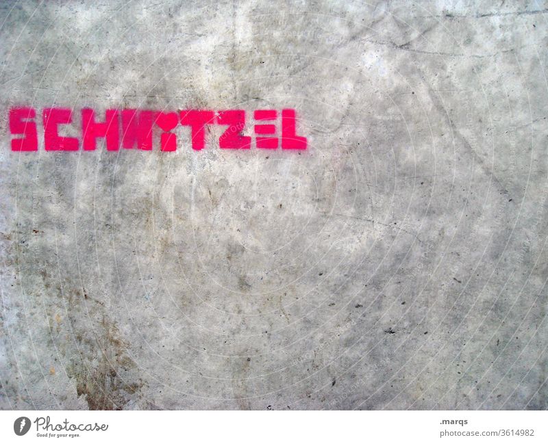 SCHNITZEL Graffiti Schriftzeichen Wand Außenaufnahme Kommunizieren rot Buchstaben Kommunikation Schnitzel Essen Fleisch