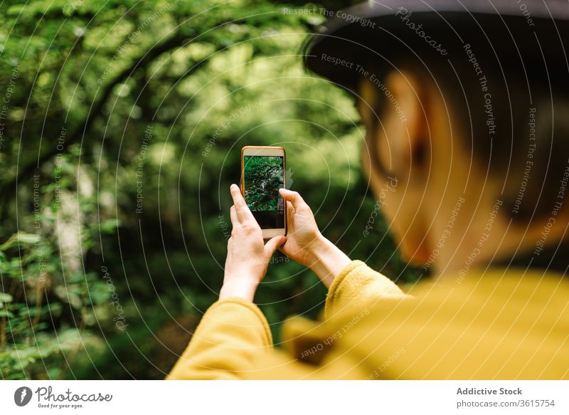Reisende Frau fotografiert mit Smartphone in Wäldern fotografieren reisen Wald benutzend Natur Tourist androgyn Asturien Spanien Feiertag Grün üppig (Wuchs)