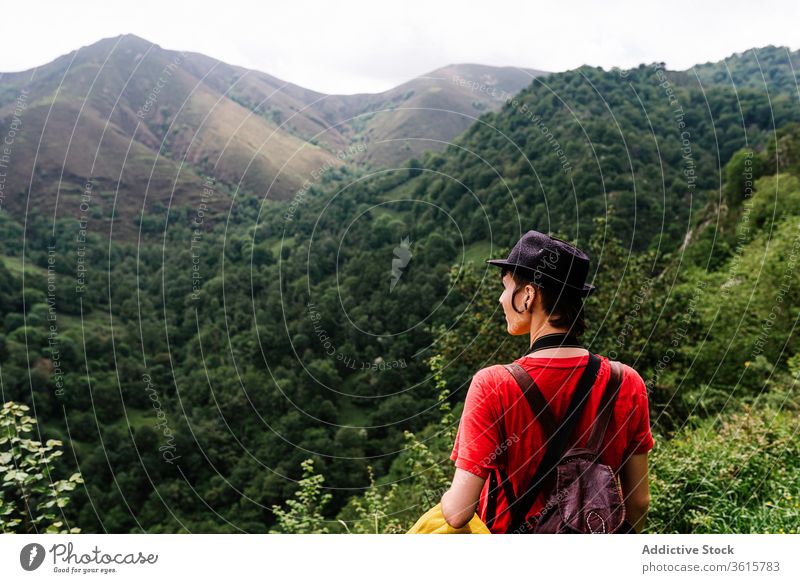 Ruhiger weiblicher Reisender genießt Naturlandschaft reisen Berge u. Gebirge Landschaft Frau Tourist bewundern Windstille Tal erstaunlich Asturien Spanien