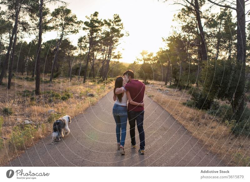 Ruhiges Paar mit Hund unterwegs Kuss ruhig Straße Sonnenuntergang Harmonie Zusammensein sich[Akk] entspannen stehen erstaunlich Freundin Fahrbahn
