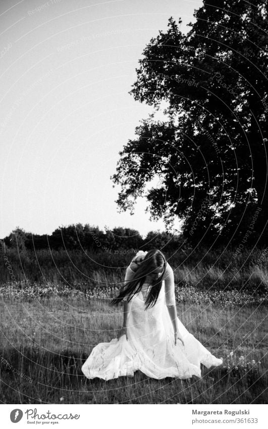 Hochzeit in Schwwarzweiß Natur Landschaft Himmel Wiese Feld Wald Mode Kleid langhaarig ästhetisch Hochzeitskleid Schwarzweißfoto Außenaufnahme Textfreiraum oben