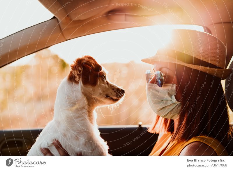 junge Frau in einem Auto mit Schutzmaske, die ihren süßen kleinen Hund kuschelt. Sommersaison. Prävention Coronavirus-Konzept Sonnenuntergang Lichtschein PKW