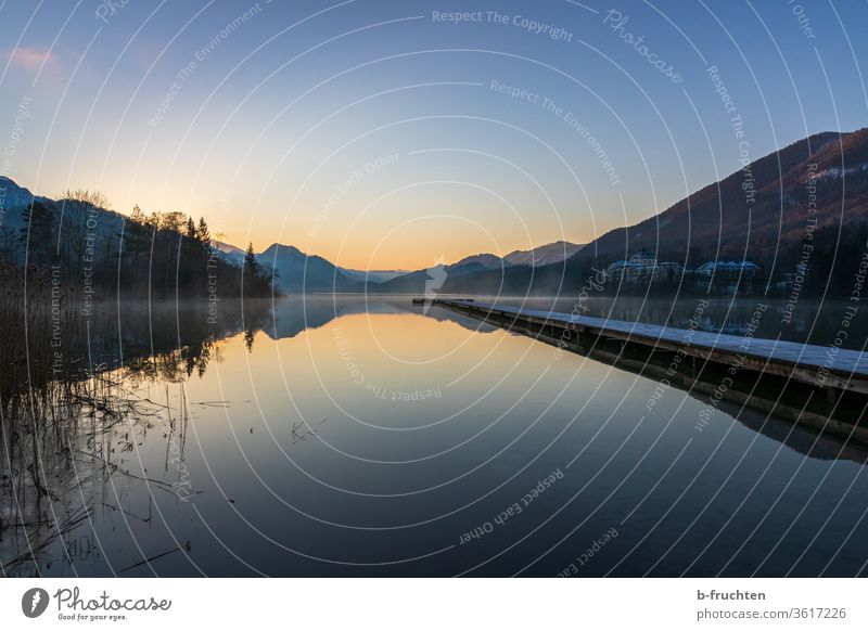 Morgenstimmung am See im Winter Steg Holzsteg Österreich Wasser Natur ruhig Seeufer Landschaft Menschenleer kalt Schnee Reflexion & Spiegelung Idylle