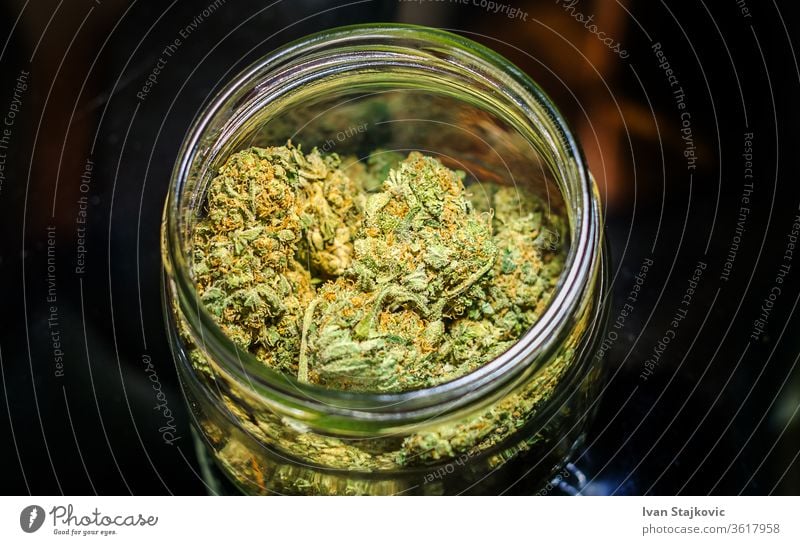 Cannabis-Blütenknospen im Glasgefäß vor dunklem Hintergrund Topf Gelenk Verbrechen Schleifmaschine Sucht ganja Rauchen Medikament Kraut Wildpflanze Problematik