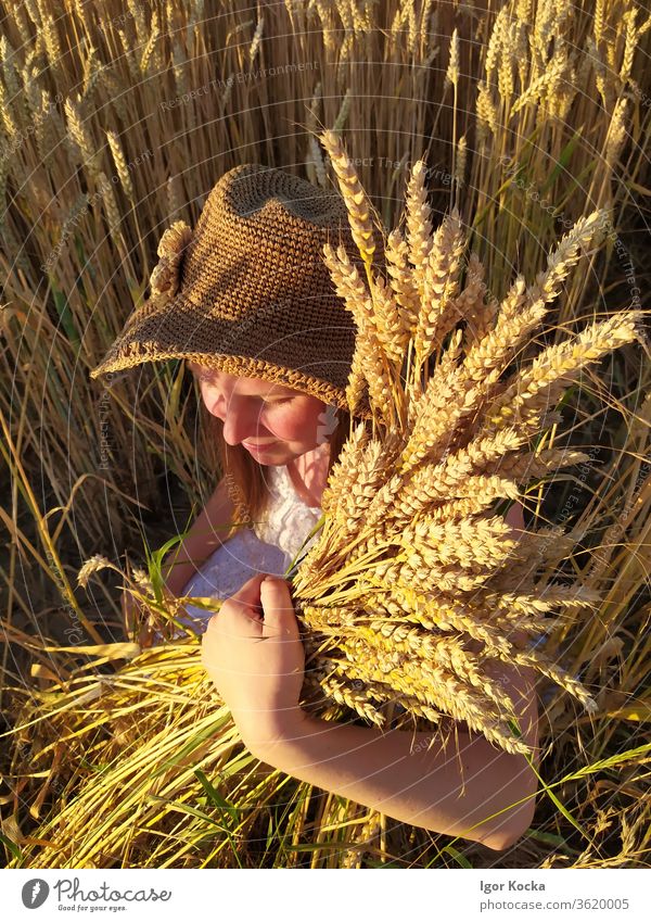 Porträt einer Frau, die einen Hut trägt und Weizen hält erwachsene Frau Beteiligung Lächeln Wachstum Fröhlichkeit Außenaufnahme Nutzpflanze Farbfoto Feld Sommer