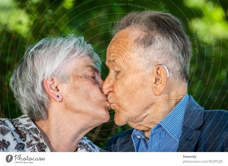 Senioren, die sich in einen Kuss verliebt haben Person Glück verheiratet Intimität berühren Zärtlichkeit Partnerschaft Park Nähe gegenüber Vertrauen Menschen