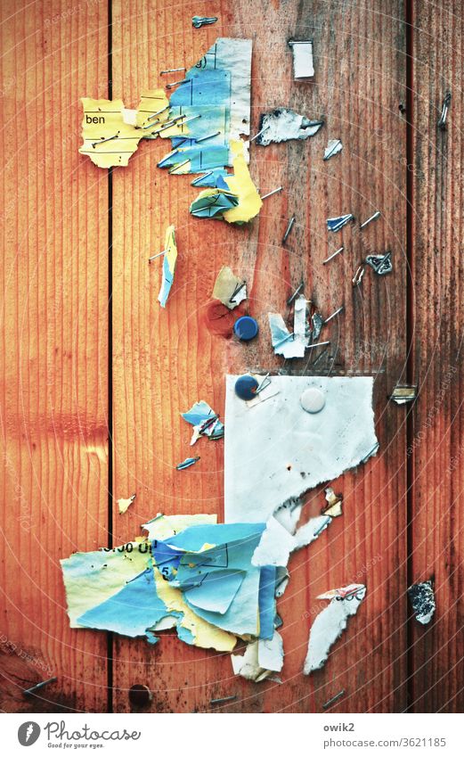 Bunte Meldung Papier Fetzen mehrfarbig bunt durcheinander Reste Hinterlassenschaft Außenaufnahme alt Detailaufnahme Menschenleer Wand Farbfoto kaputt abstrakt
