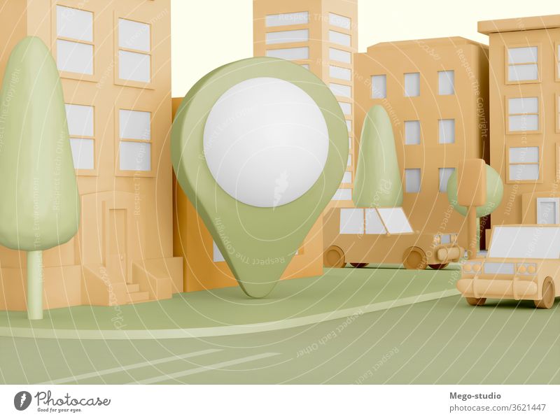 3D-Illustration. Cartoon-Stadt mit Kartenzeiger auf Straße. 3d Grafik u. Illustration Landkarte Zeiger Örtlichkeit Rendering Adresse Geolokalisierung Gerät