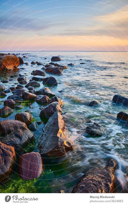 Meereslandschaft mit Felsen im Wasser bei Sonnenuntergang. Natur MEER schön Strand Himmel Horizont Sommer reisen friedlich winken Seegras