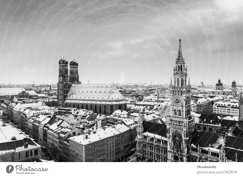 LOKALKOLORIT | Postkartn Minga II Uhr Himmel Wolken München Stadt Hauptstadt Altstadt Fußgängerzone bevölkert Haus Kirche Rathaus Turm Bauwerk Gebäude