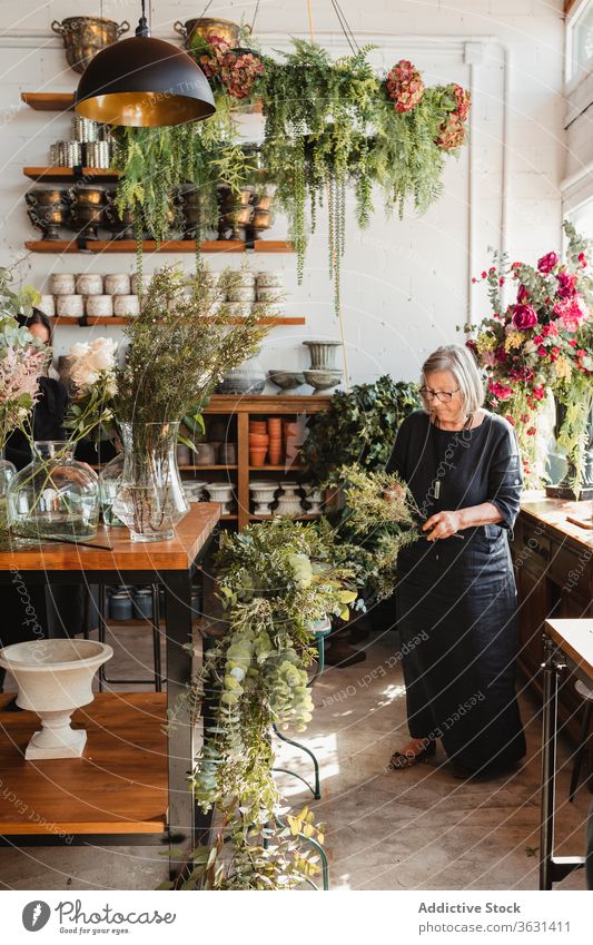 Reife Frau arrangiert Blumen im Geschäft Floristik Blumenstrauß grün Pflanze kreieren wählen komponieren einrichten Designer dekorativ kreativ Arbeit Beruf