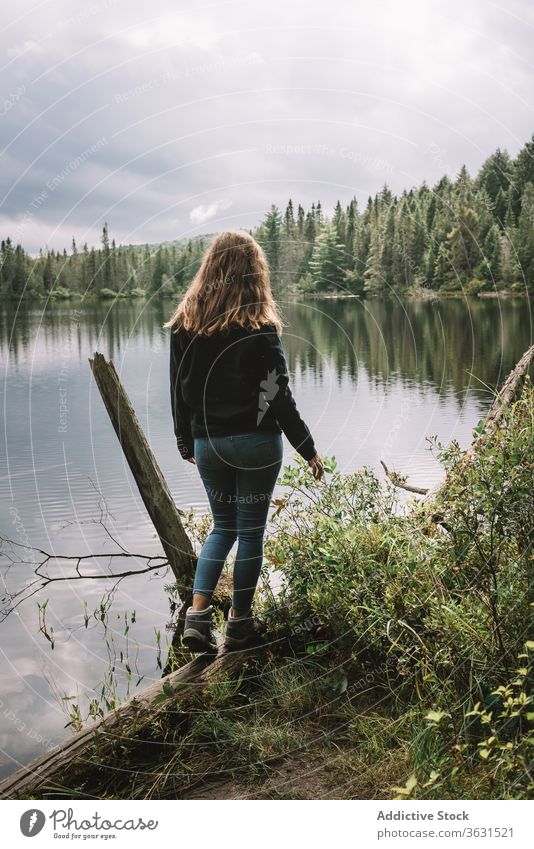 Anonyme reisende Frau genießt Seenlandschaft Wald Natur Freiheit Harmonie Ufer Landschaft genießen Wasser Reise Tourismus Abenteuer Algonquin PP Kanada Ontario