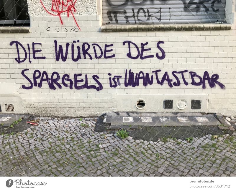Graffiti: "Die Würde des Spargels ist unantastbar". Gesehen in Berlin. Foto: Alexander Hauk kunst berlin wand hauswand corona corona-krise covid19 Gesundheit