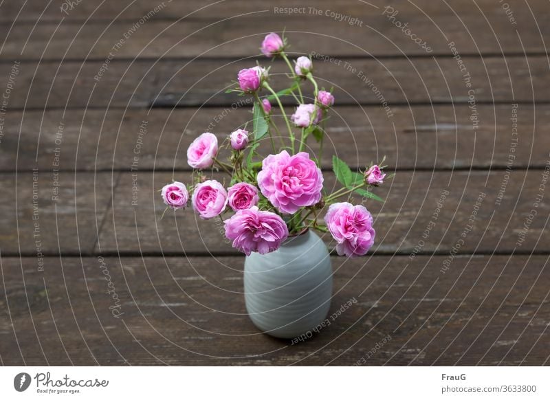 Röschen Blumenstrauß Vase mit Blumen Blüten und Knospen Rosenblüte Damaszener-Rose alte Rose rosa Holz Bohlen verwittertes Holz Frühling Nahaufnahme